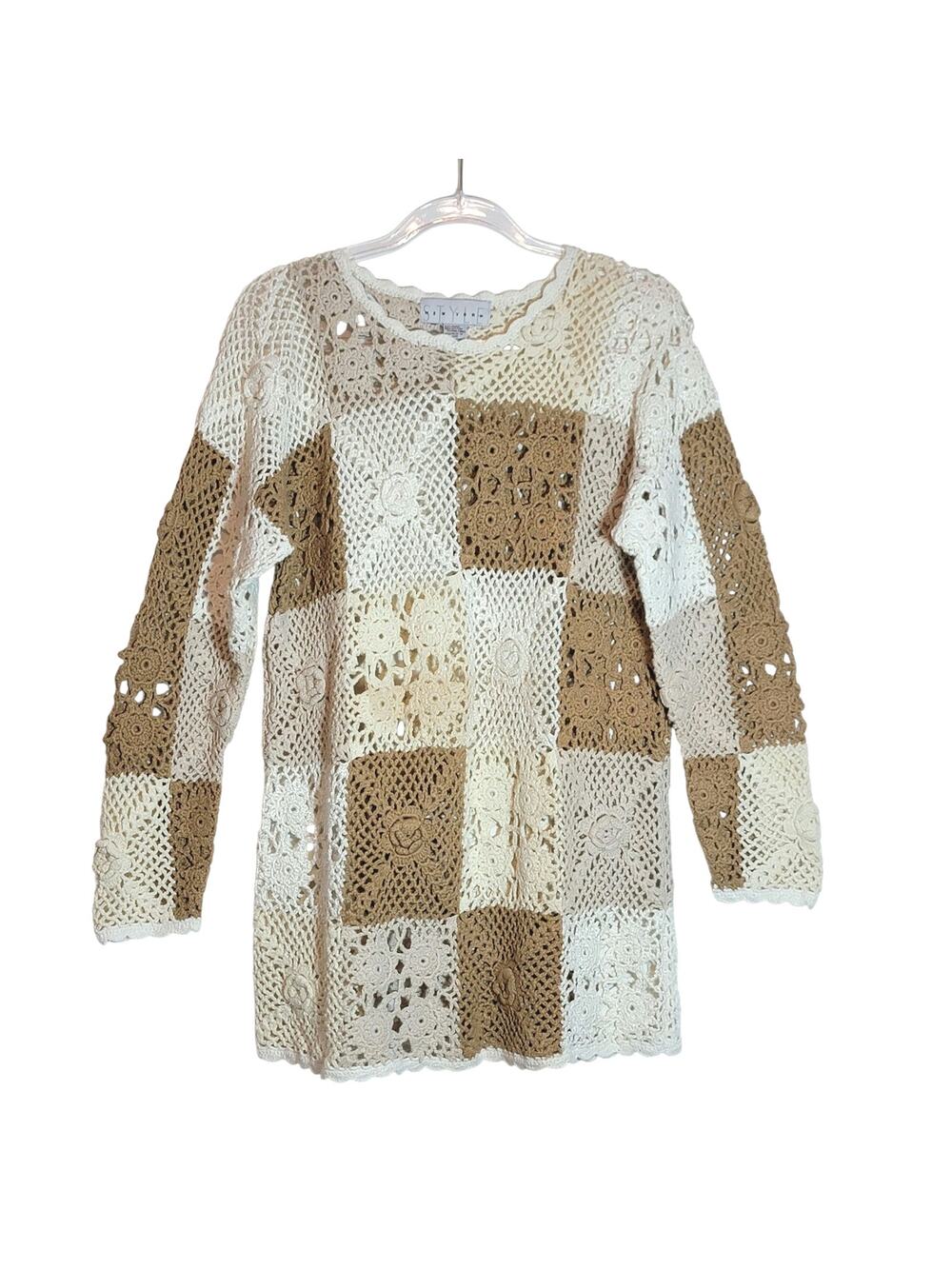 STYLE New York Crochet Tunic Sweater Long Sleeve Boho Casual Beige S Summer